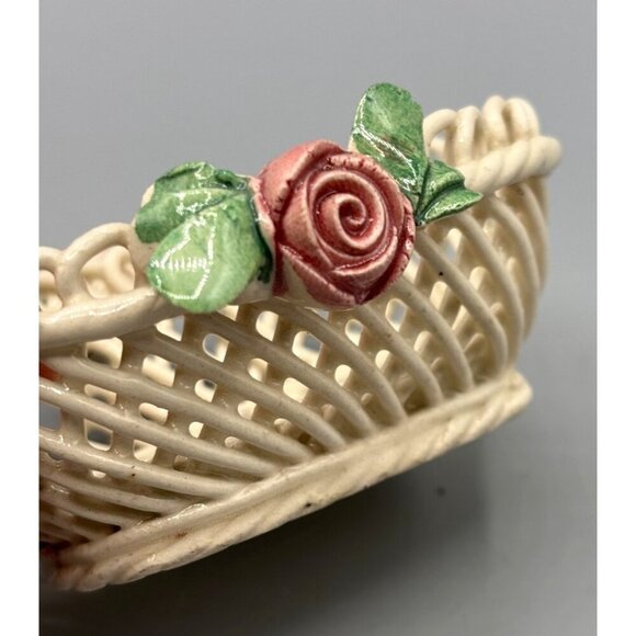 Vtg Italian Ceramic Lattice Basket Pink Rose Trinket Ring Dish Decor - Picture 4 of 7